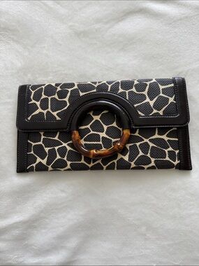Banana Republic Dark Brown and Cream Patterned Clutch with Bamboo Ring Handle
